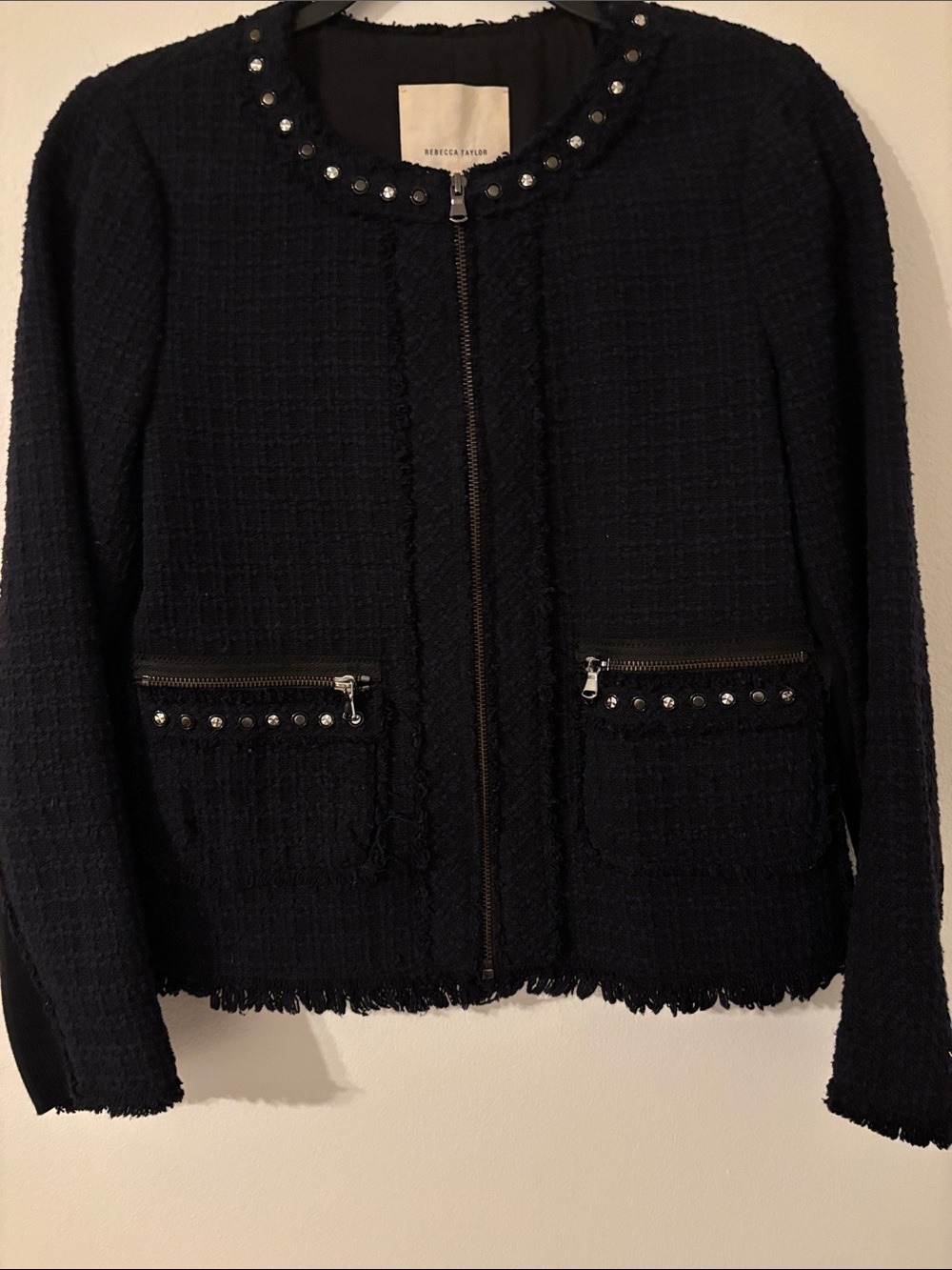 Rebecca Taylor Black Tweed Zip-Front Jacket with Stud Detail Size 8 Cotton 60%
